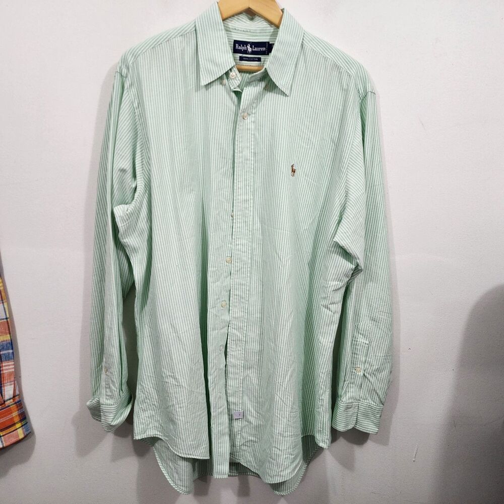 Vintage Ralph Lauren Classic Fit Striped Oxford Shirt Green White Mens 16.5 34